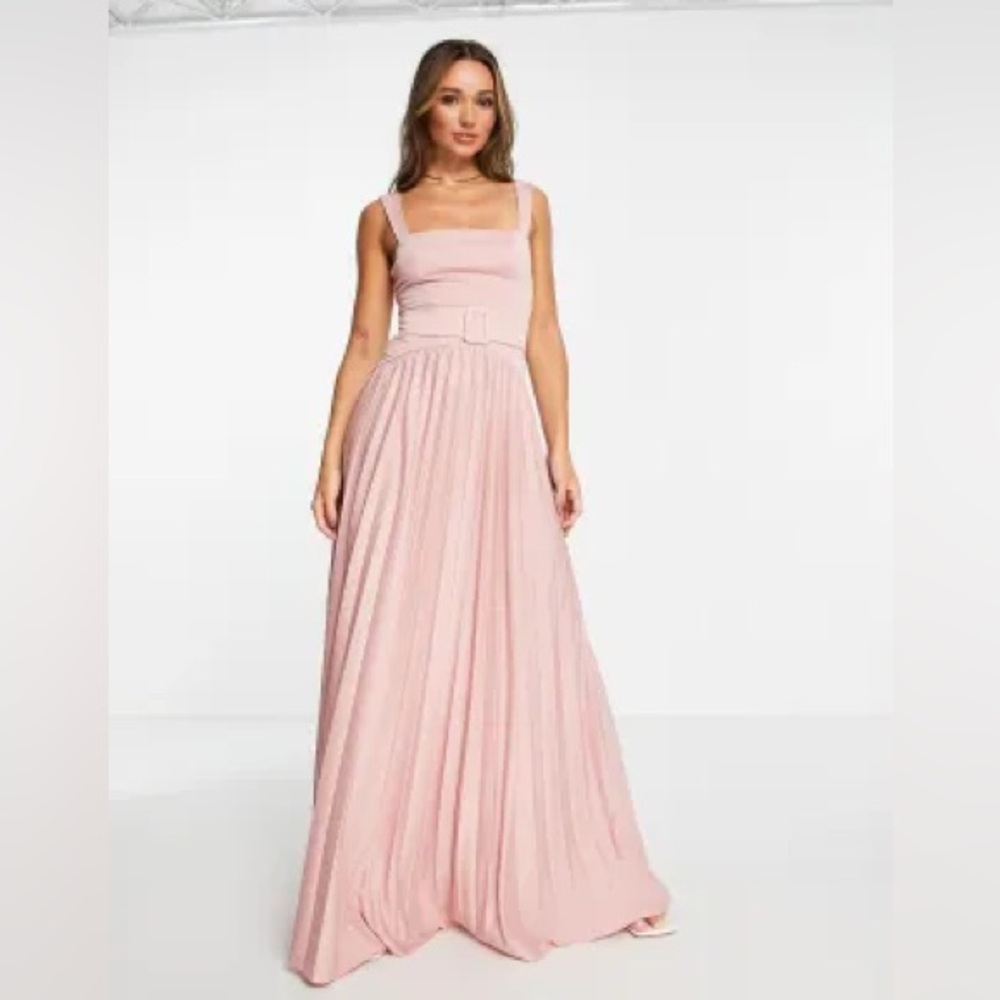 US 6 ASOS DESIGN square neck belted pleated maxi dress in rose - PINK